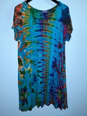 Blue Multicolor Tie-Dye Dress with Pockets